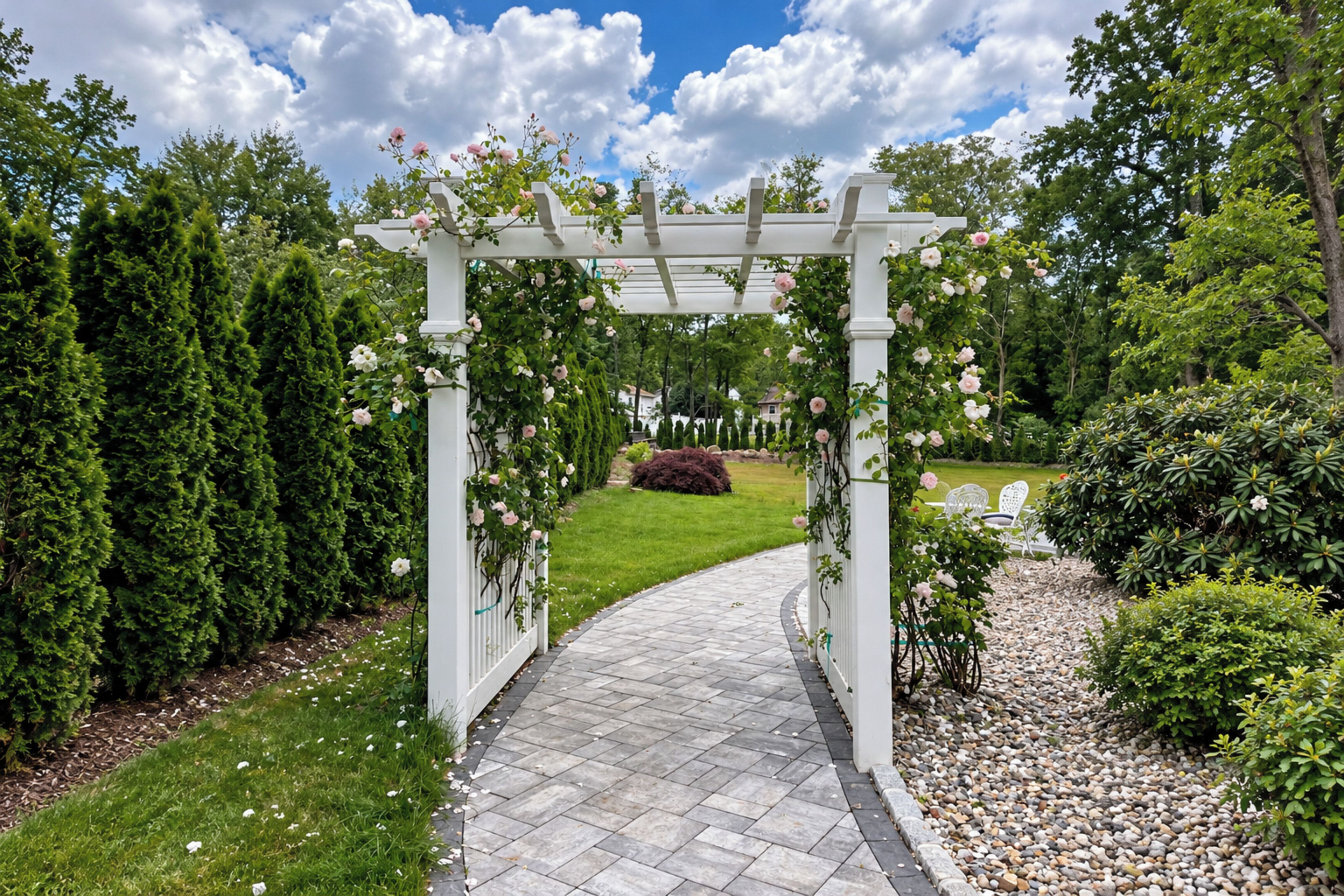 A garden pathway leading to a white arbor with pink flowers, surrounded by lush greenery and a clear sky.