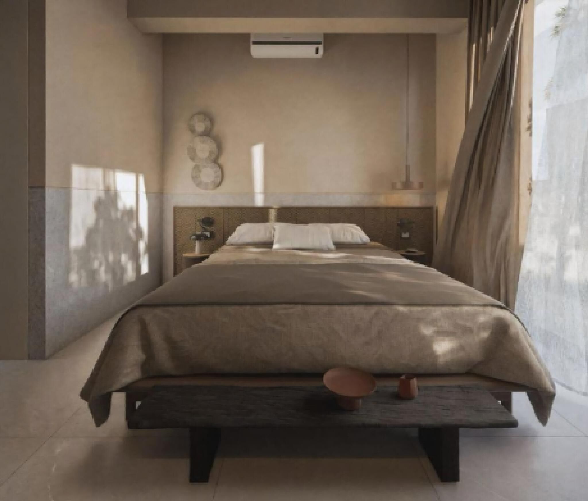 Une chambre moderne avec un grand lit, des tables de chevet et un climatiseur fixé au mur.