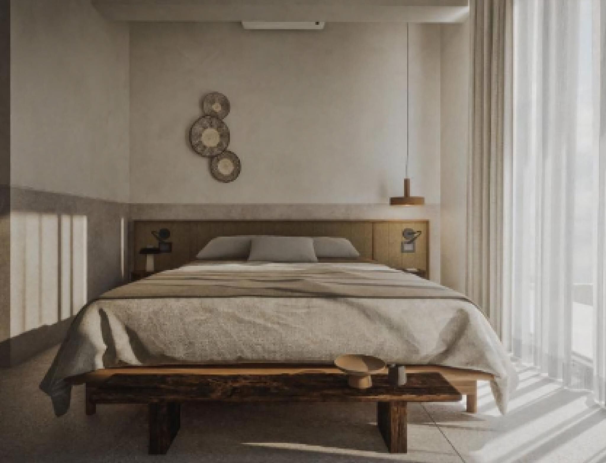 Une chambre à coucher avec un lit en bois, un banc, une table de chevet et un luminaire fixé au mur.