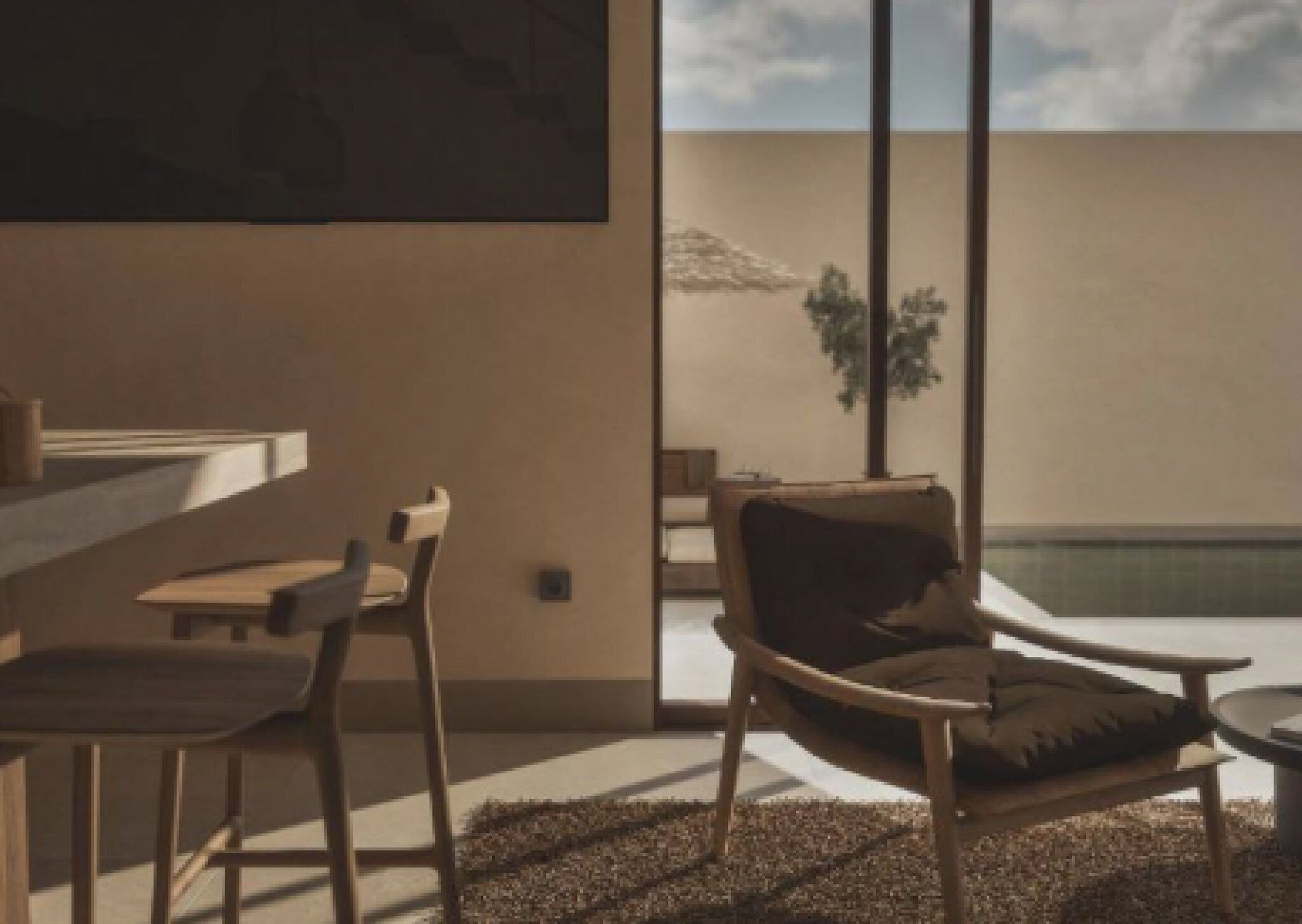 Ein modernes Wohnzimmer mit großem Fenster, Pool und Landschaftsblick.