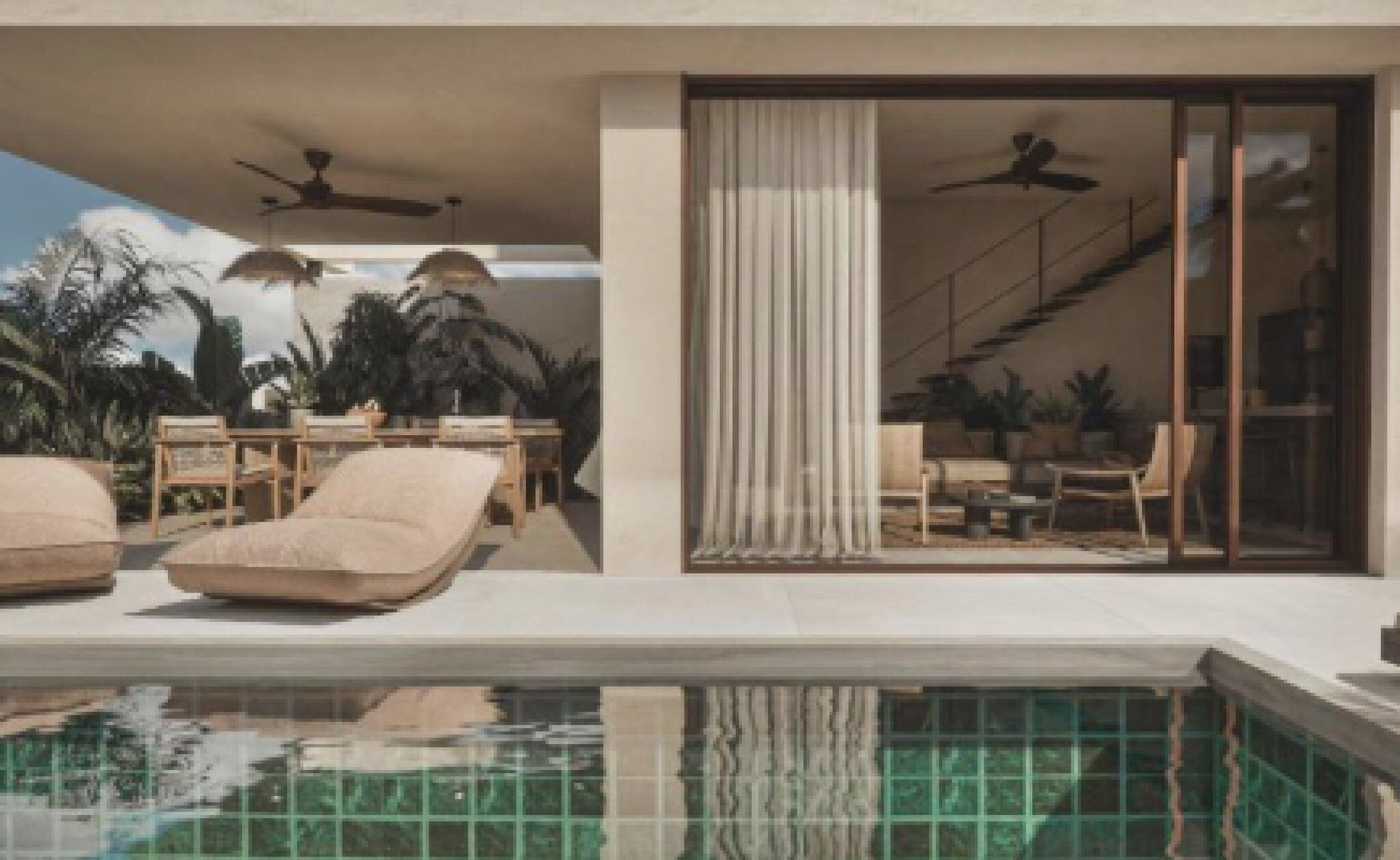 Un área moderna de piscina al aire libre con sillones de descanso, una mesa de comedor y una escalera que conduce a un nivel superior.