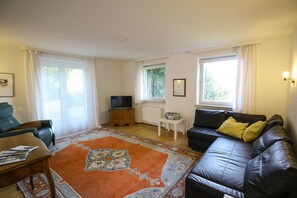 Un salon avec un canapé, un téléviseur, une petite table et un tapis.