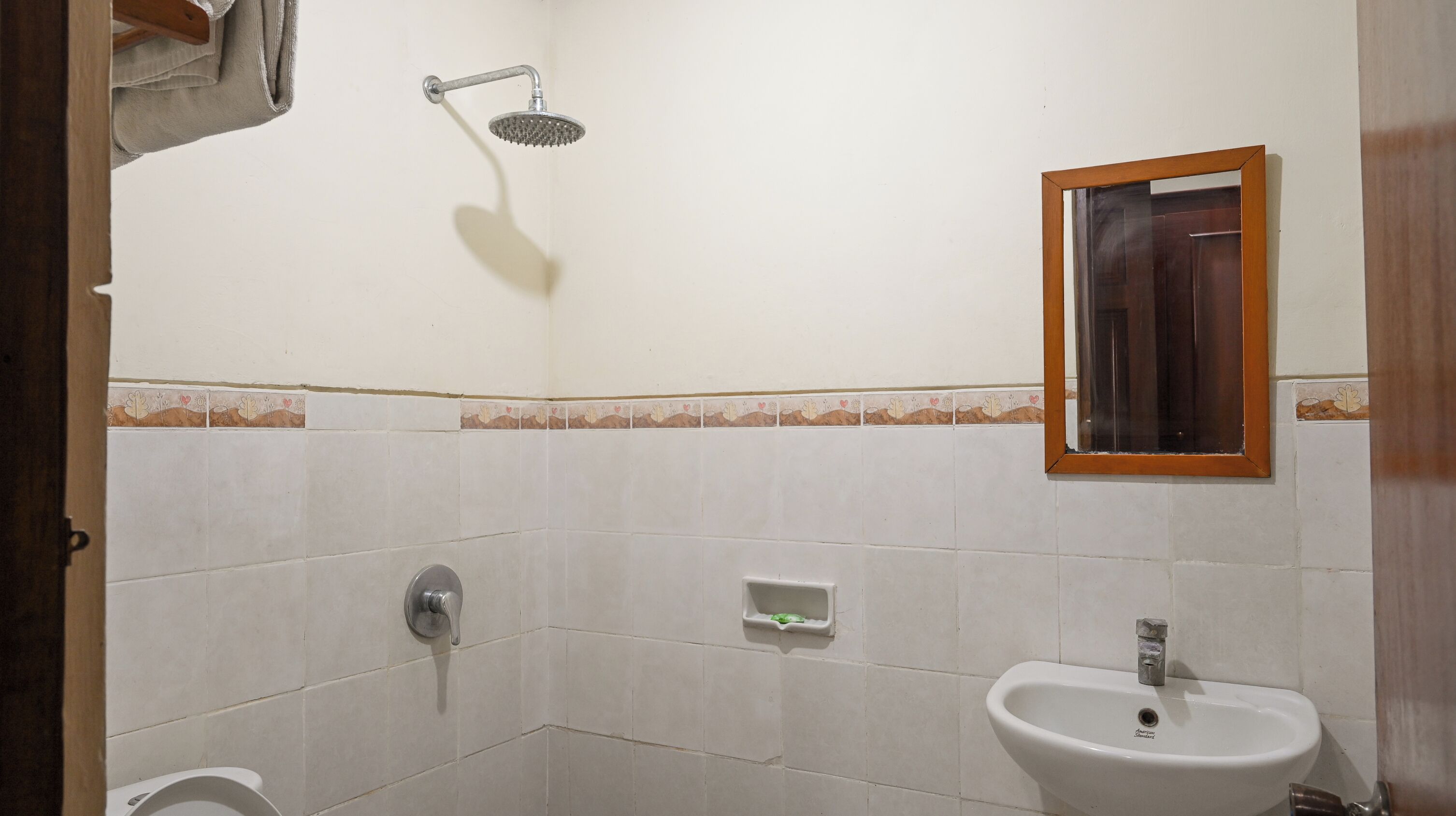 Een badkamer met douche, toilet en wastafel.