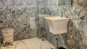 Shower, hair dryer, soap, shampoo