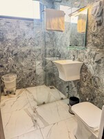 Shower, hair dryer, soap, shampoo