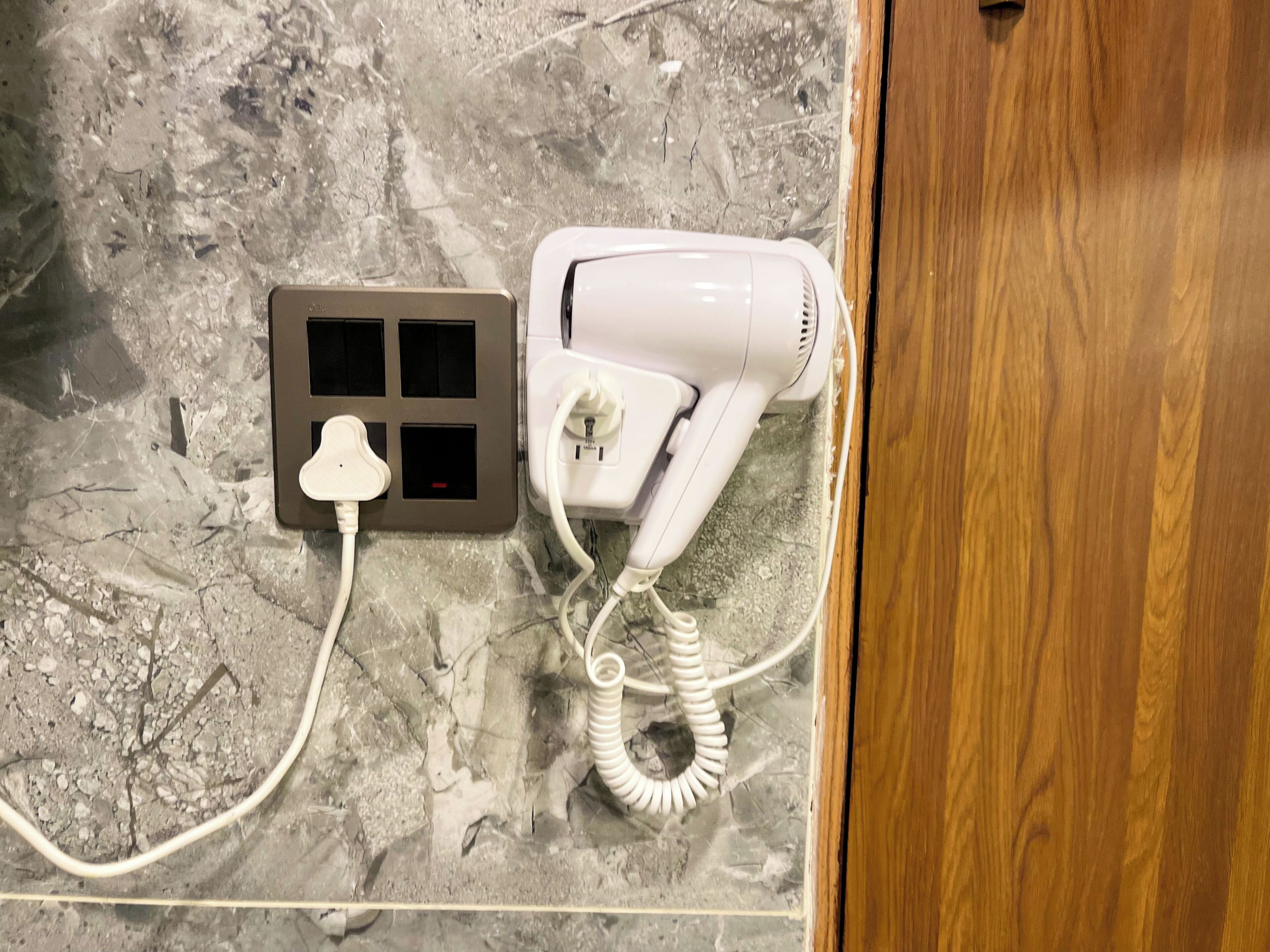 Shower, hair dryer, soap, shampoo