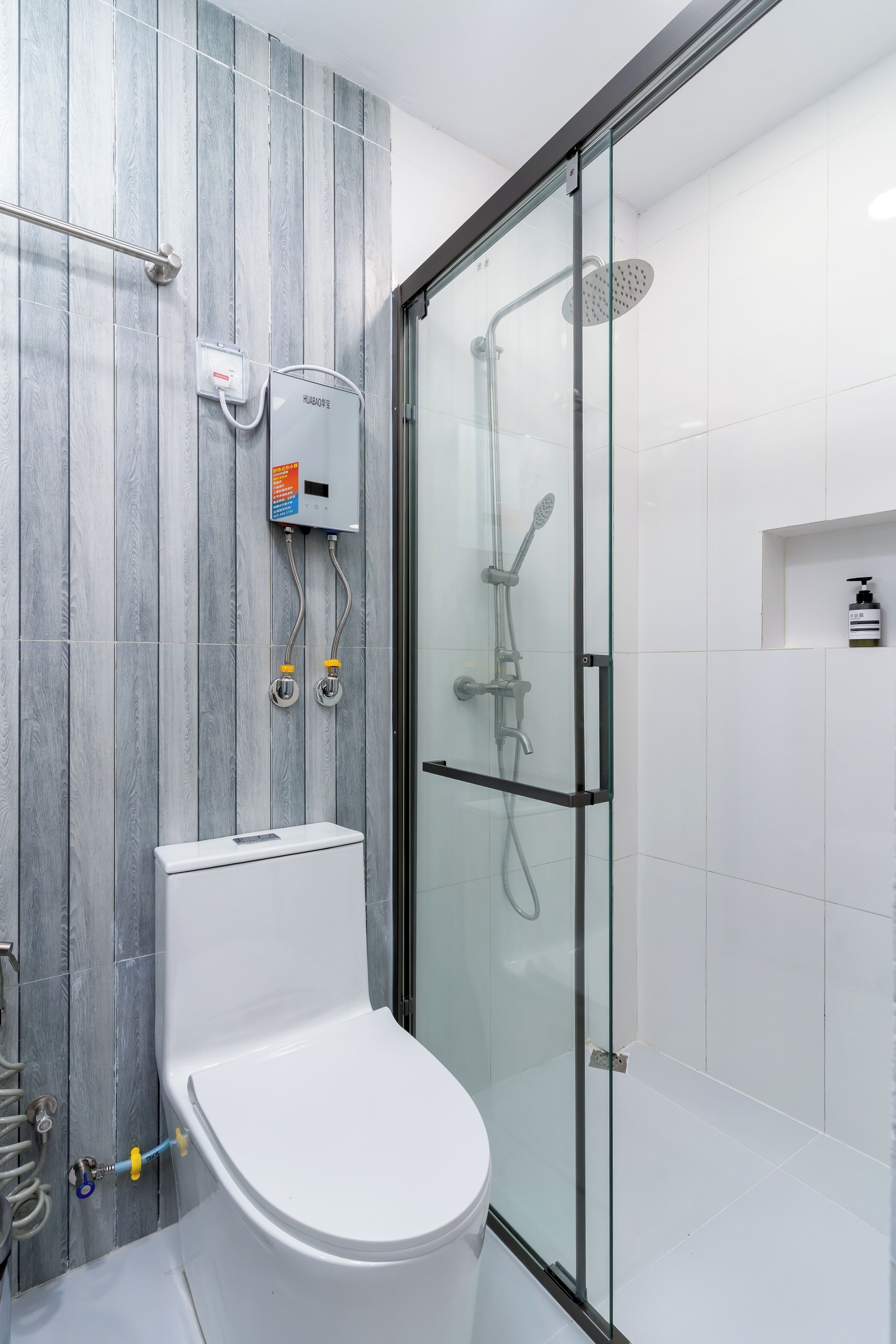 Hair dryer, towels, soap, shampoo