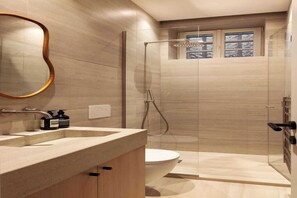 Shower, hair dryer, towels