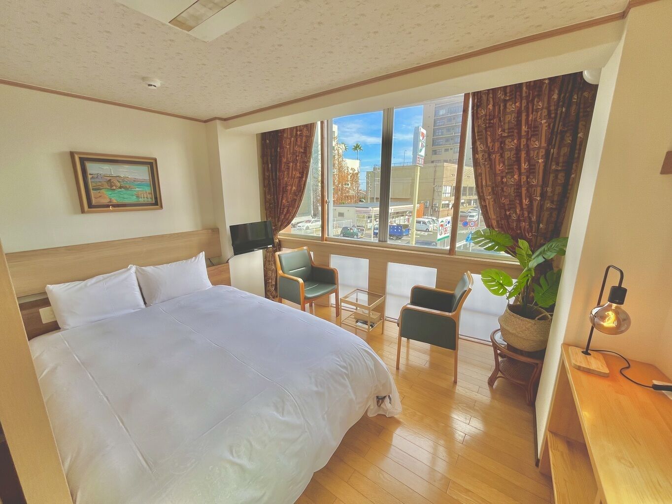 A hotel room with a bed, a television, a desk, a chair, a potted plant, and a view of the city.