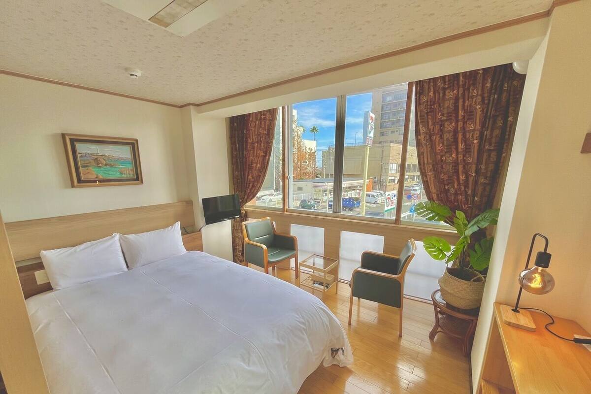 A hotel room with a bed, a television, a desk, a chair, a potted plant, and a view of the city.