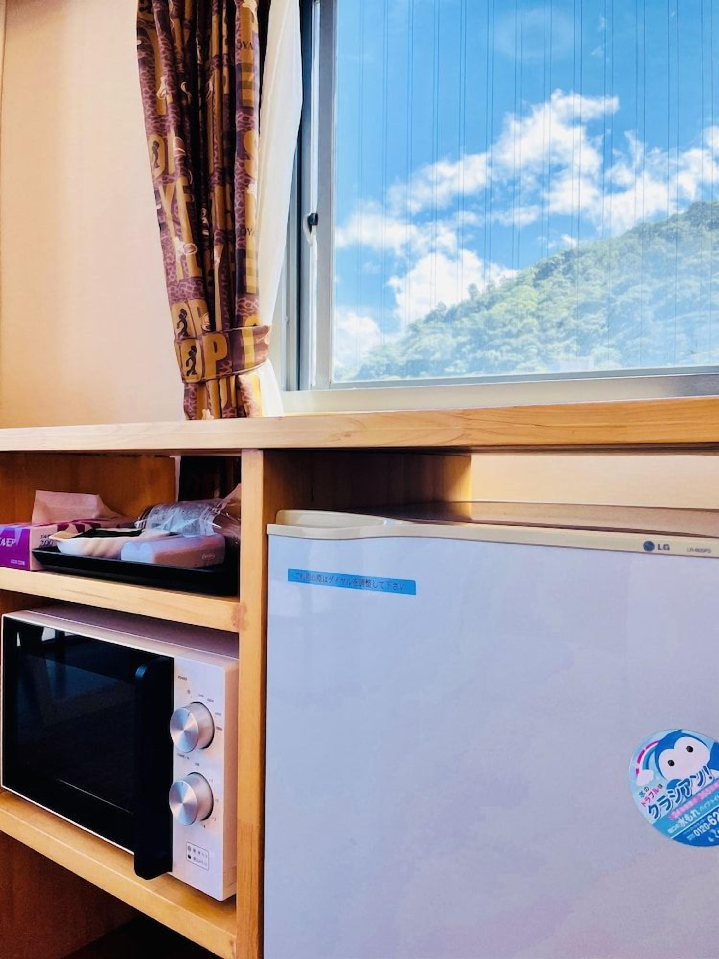 Una habitación con ventana, microondas y refrigerador.