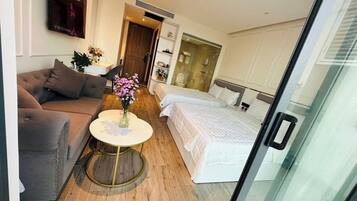 Desk, laptop workspace, blackout curtains, soundproofing