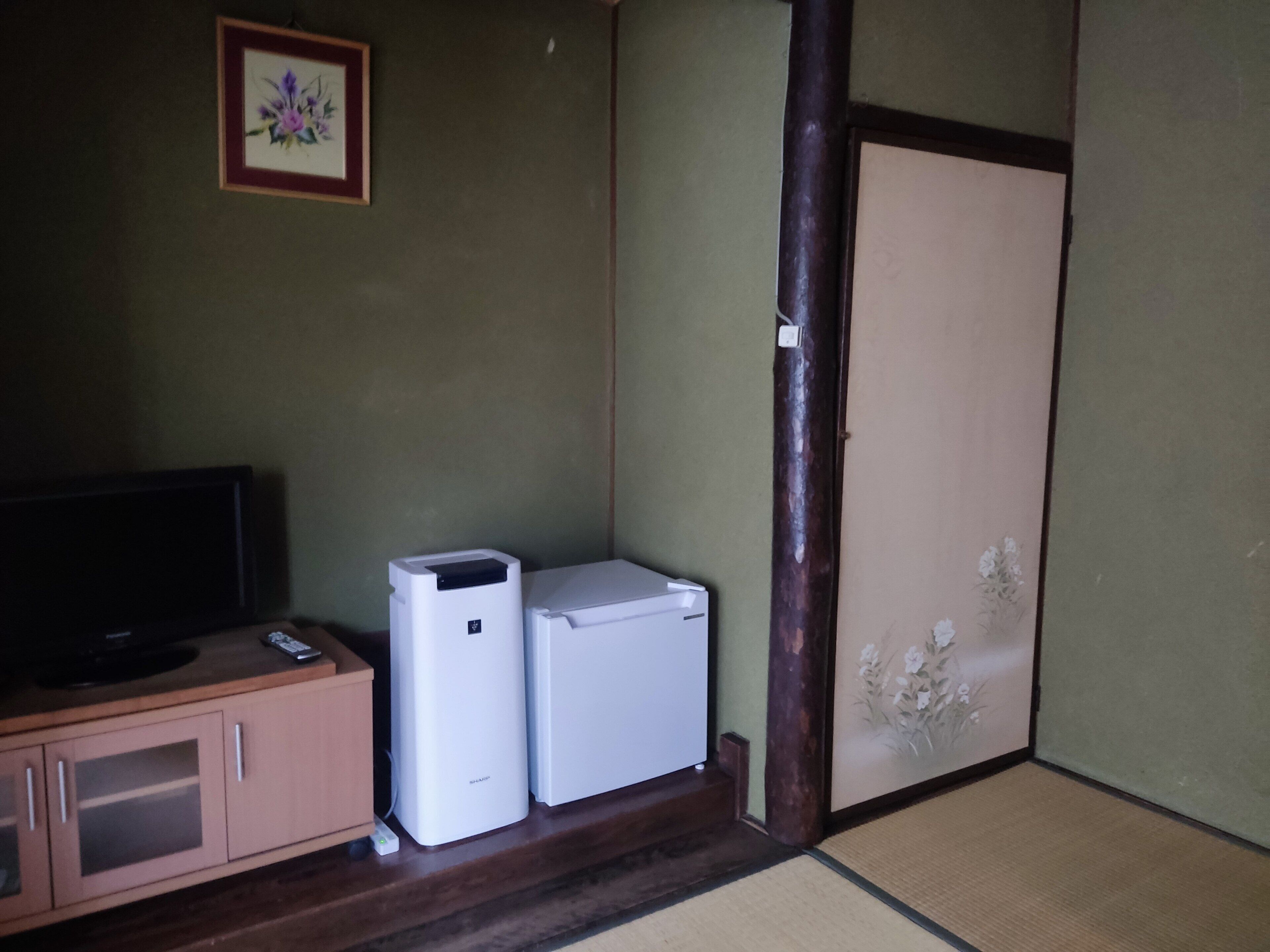 A room with a television on a wooden cabinet, two white appliances, a wooden door, and a tatami mat floor.