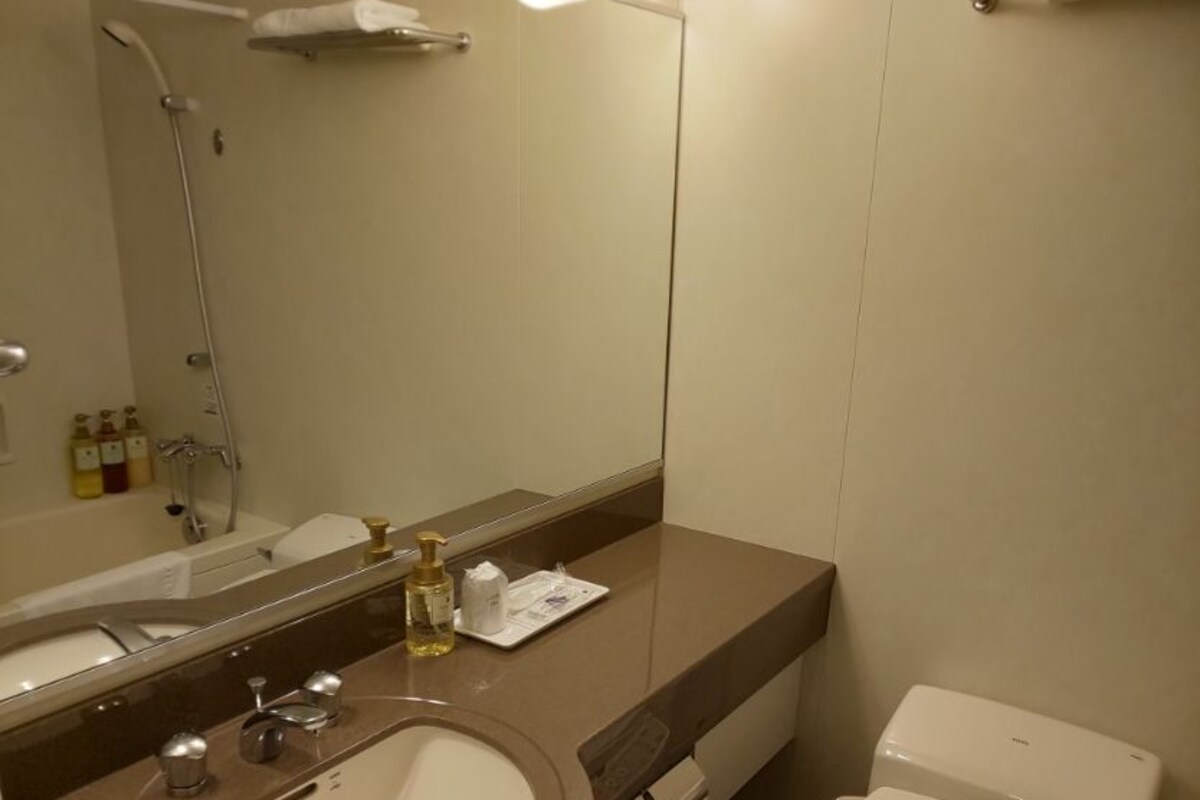 A bathroom with a sink, mirror, toilet, and a shower.