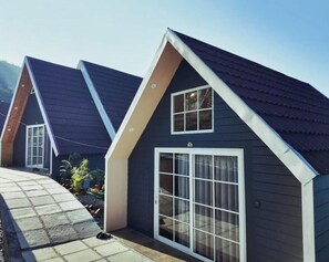 Une rangée de maisons avec des toits en pente, un chemin pavé et un petit jardin.