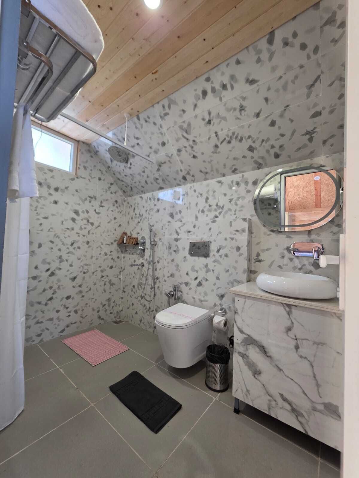 A bathroom with a shower, toilet, sink, and a mirror.