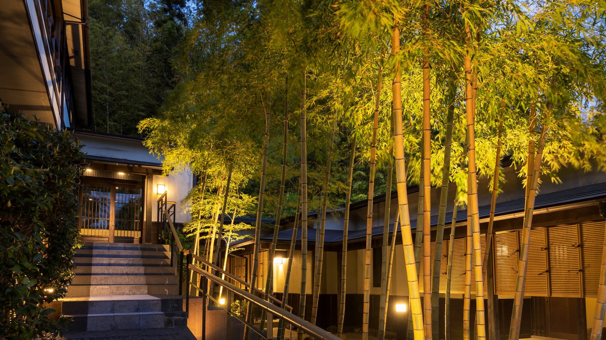 A building with a staircase leading to a covered area, surrounded by bamboo trees.