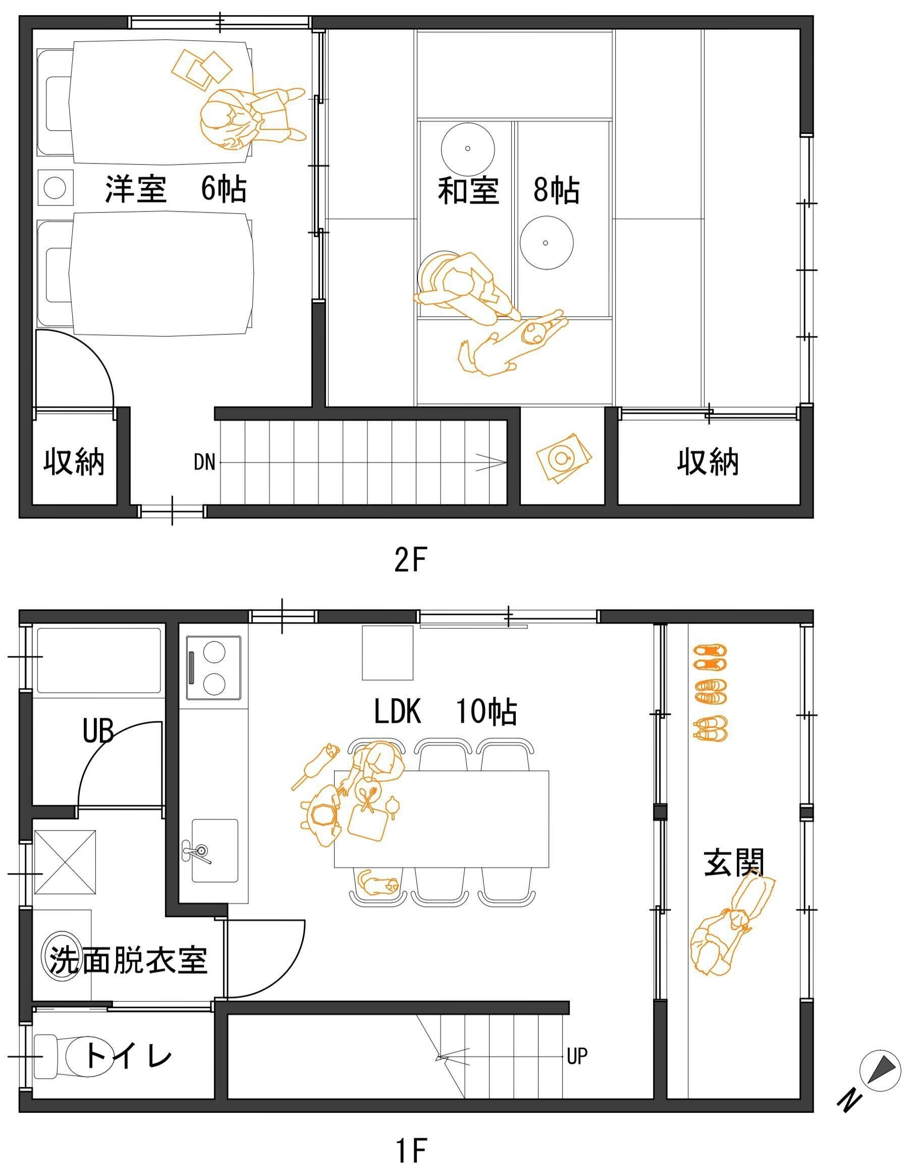 A floor plan of a hotel with 6 rooms on the left, 8 on the right, a dining area, and a lobby.
