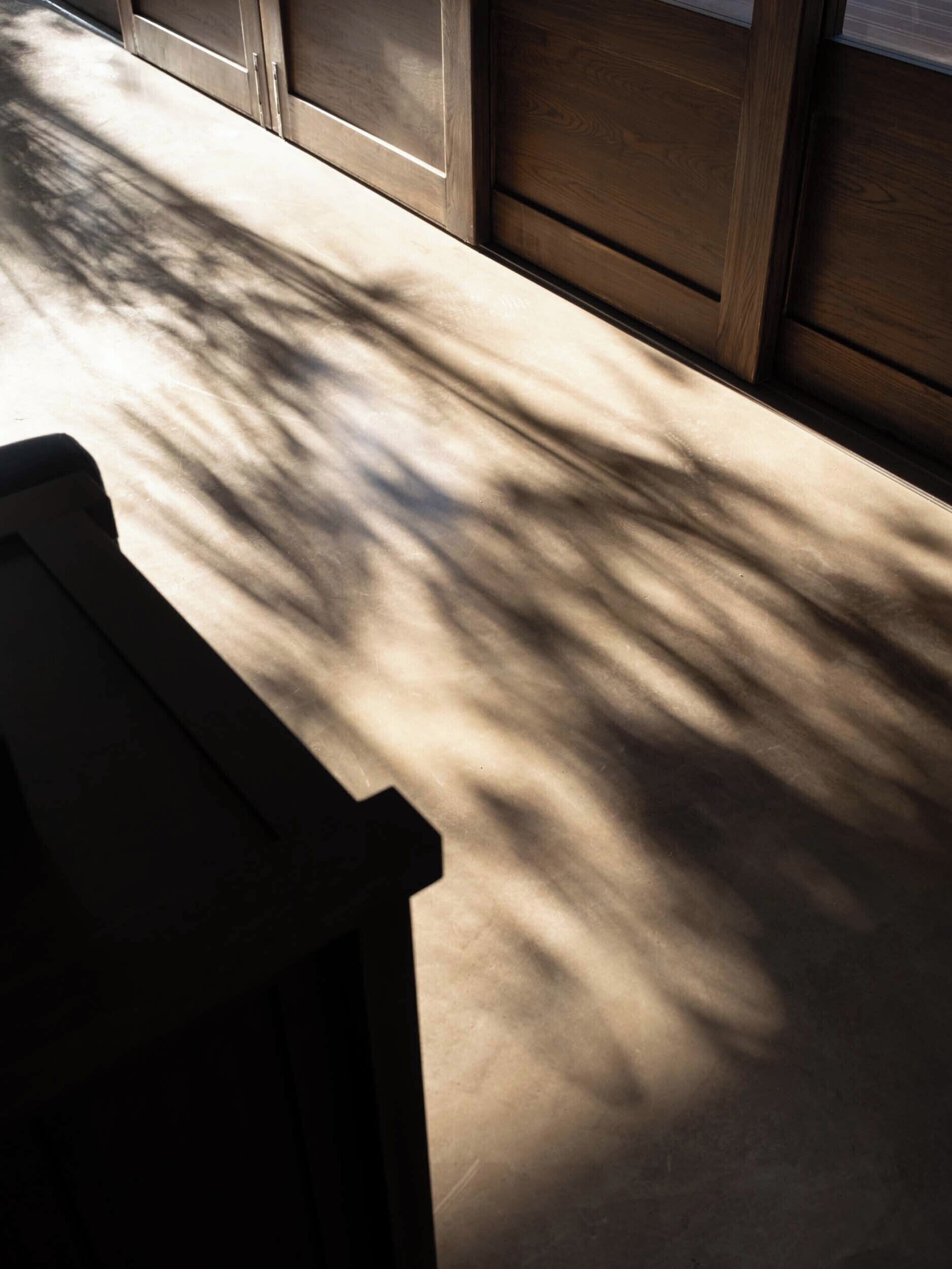 Um banco de madeira e um chão com sombras projetadas pelas árvores.