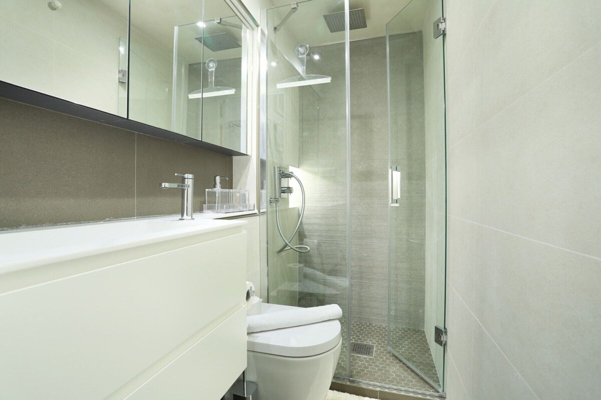 Chuveiro, secador de cabelo, toalhas de banho 