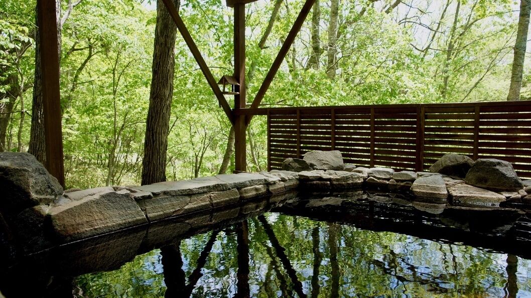 A wooden bridge over a reflective water body, surrounded by trees.
