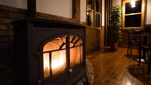 Een houtkachel in een kamer met houten vloeren, een potplant en een raam met een lamp.