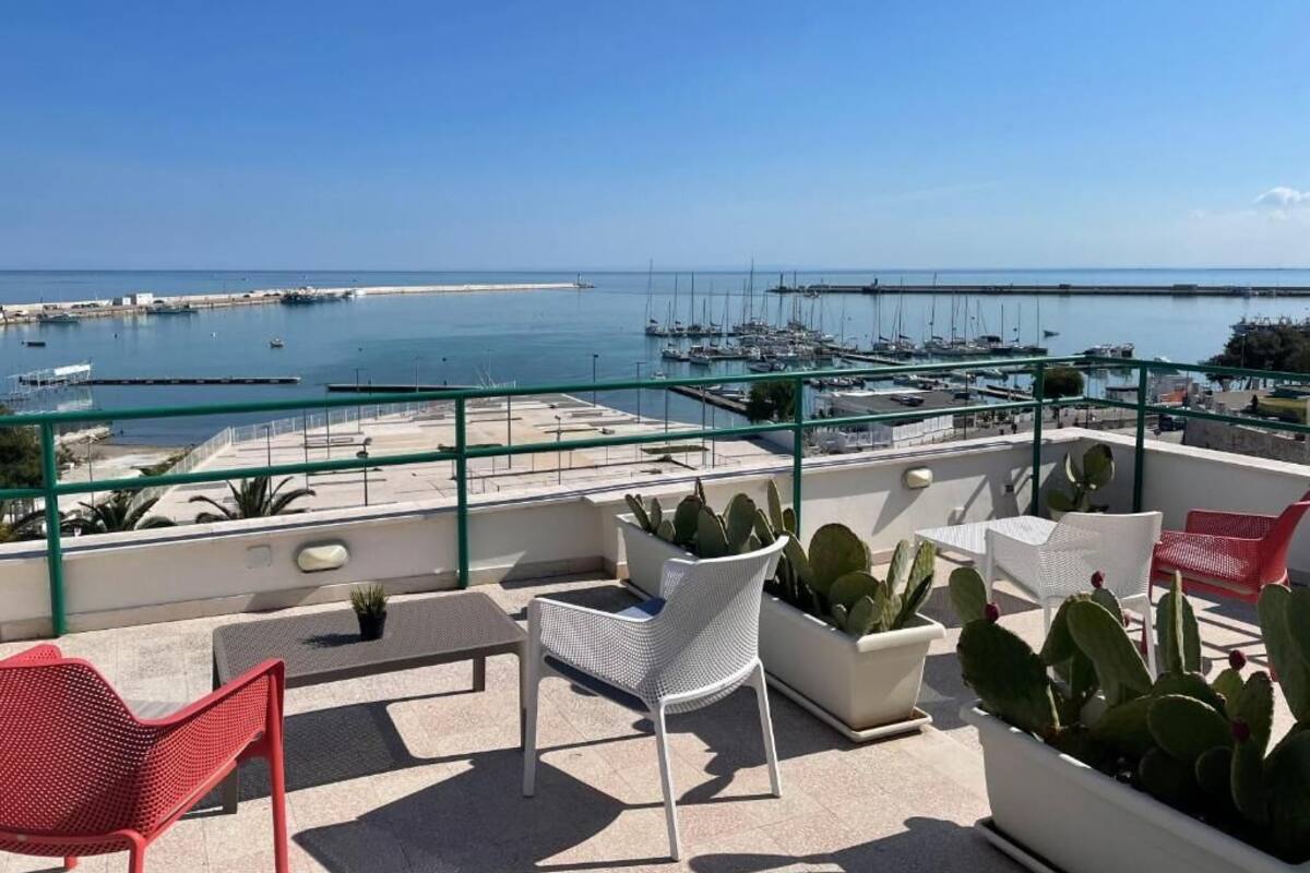 A rooftop terrace with seating, potted cacti, and a view of a marina with boats.