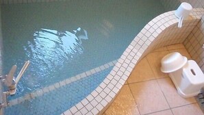 Una pequeña piscina rectangular con borde de azulejos, un grifo y un desagüe.