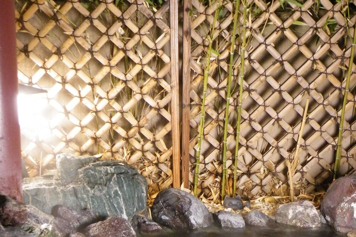 A hot spring area with a bamboo fence, rocks, and a stone basin.