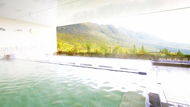 A large indoor swimming pool with a view of a mountainous landscape. - Geto Kogen Ski Resort (Kitakami)