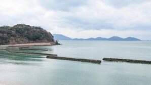 Eine Küstenlandschaft mit Sandstrand, ruhigem Wasser und einer fernen Bergkette unter bewölktem Himmel.