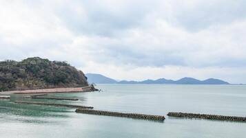 A coastal landscape with a sandy beach, calm water, and a distant mountain range under a cloudy sky.