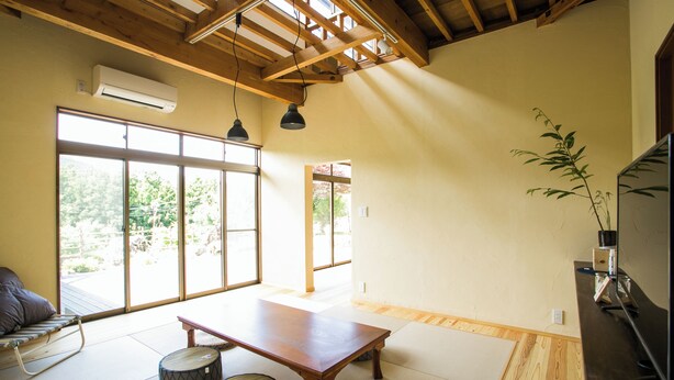 A traditional Japanese room with tatami flooring, a low wooden table, tatami mats, a sofa, and a potted plant. - Guest House Mate Mate (Odai)