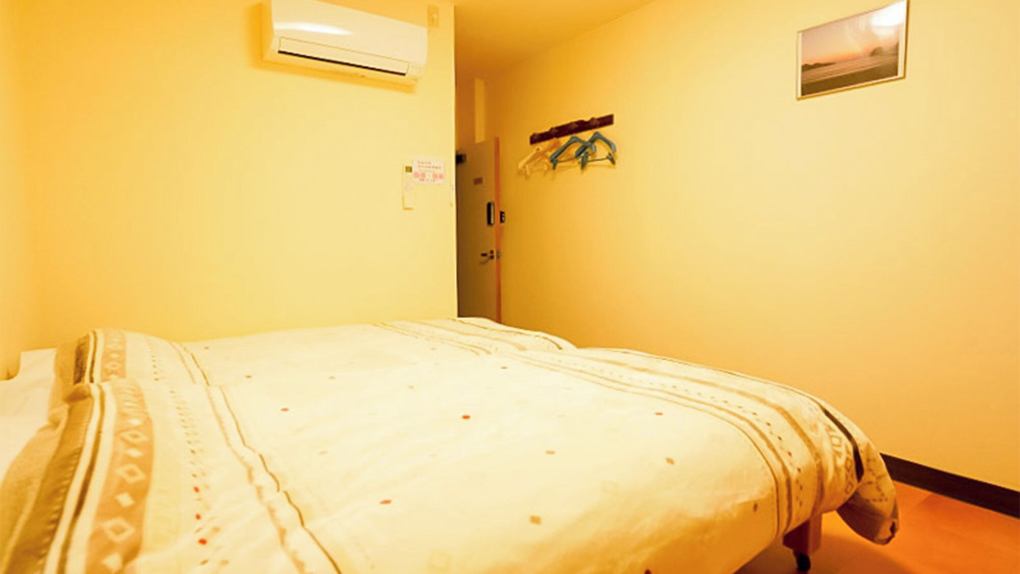 A room with a bed, an air conditioning unit, a door, and a wall-mounted picture.