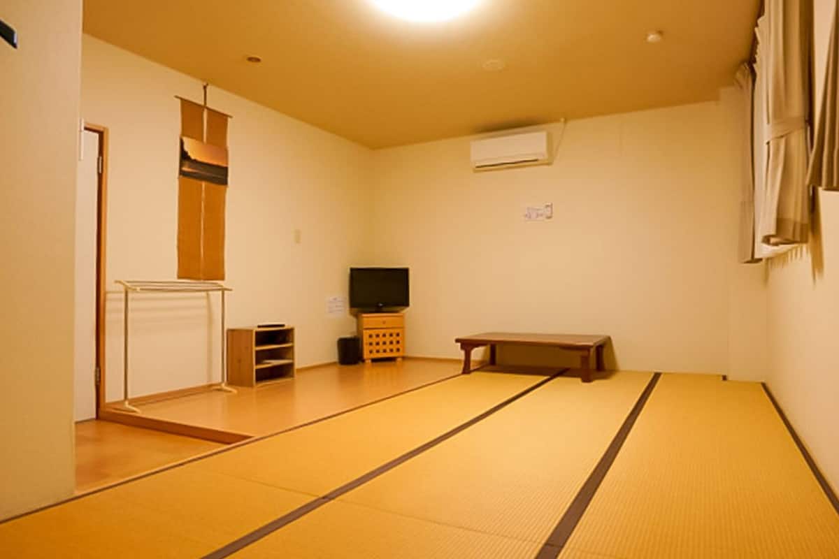 A room with tatami flooring, a television, a small table, and a wardrobe.