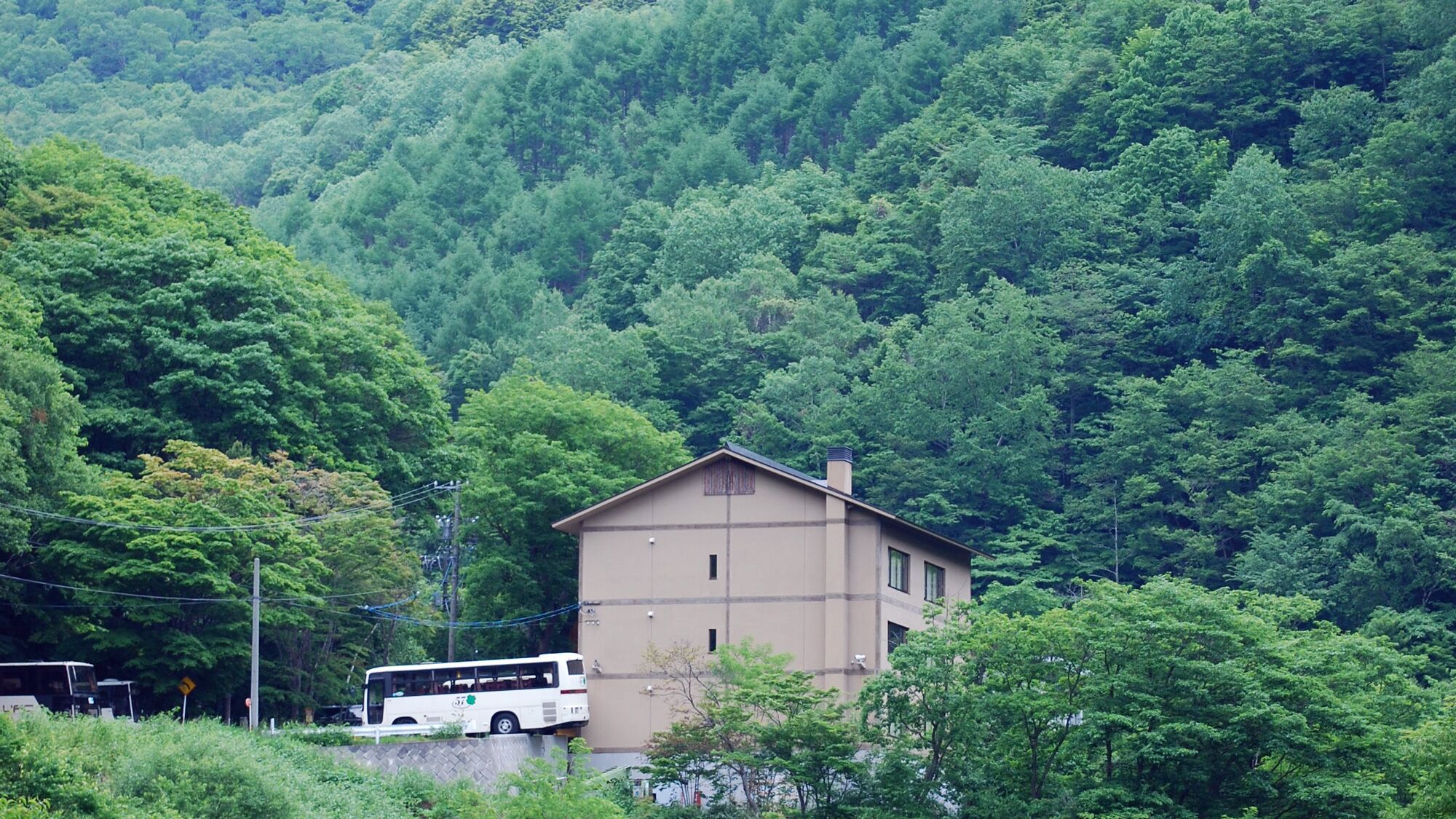 A building with a simple, rectangular structure, surrounded by dense forest.