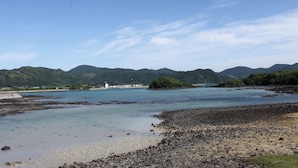 Eine Küstenlandschaft mit klarem Wasser, felsigem Ufer und Bergen in der Ferne.