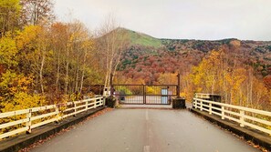 A bridge with white railings, a metal gate, and a road leading to a forested hill.