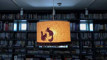 Eine Bibliothek mit Bücherregalen, einer gemusterten Pendelleuchte und einer an der Decke befestigten Kamera.