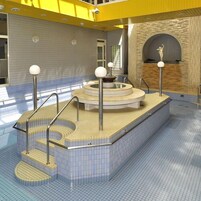 Zona de piscina con un jacuzzi circular, escalones que dan acceso a la piscina y un muro de piedra con una estatua.