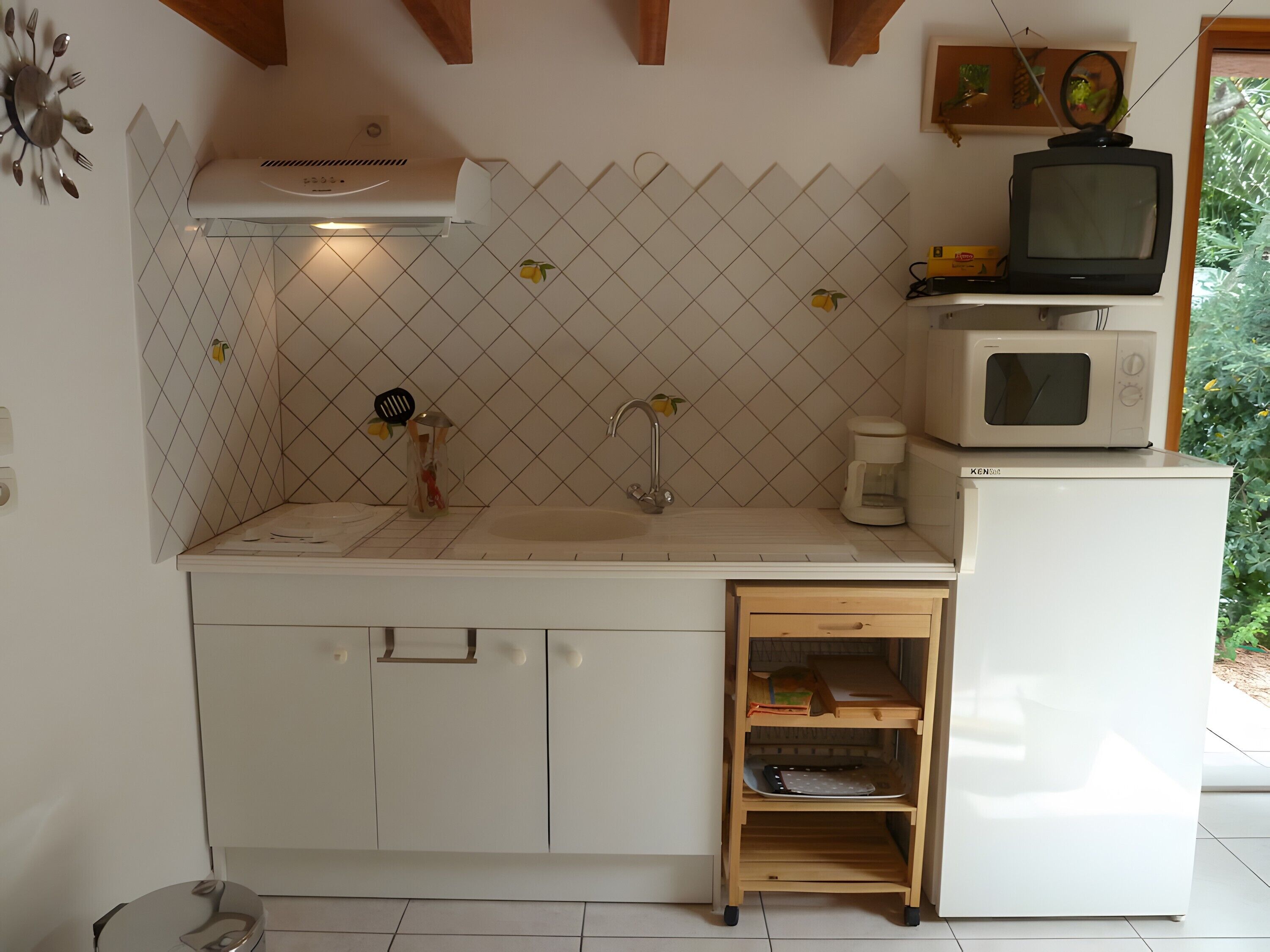 Réfrigérateur, micro-ondes, plaque de cuisson, cafetière/bouilloire