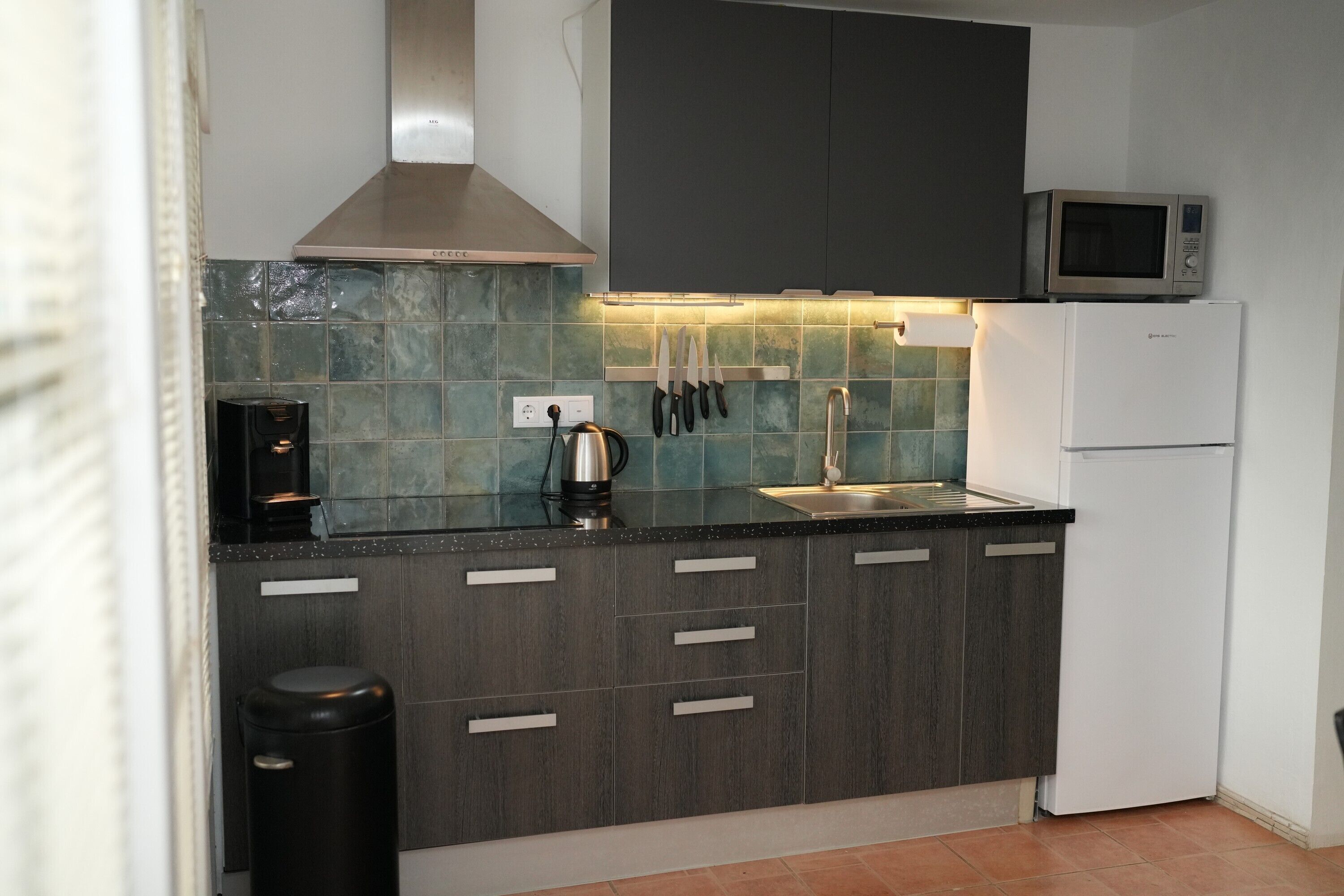 Fridge, microwave, stovetop, coffee/tea maker