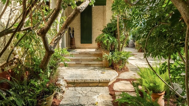 A stone staircase leading to a door, surrounded by lush greenery and potted plants. - Relax in a Garden Oasis by Sea N' Rent (Nahariya)