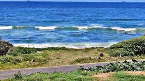 A coastal road with a view of the ocean and ships in the distance. - WAVES ocean front King Shaka Airport (Desainager)