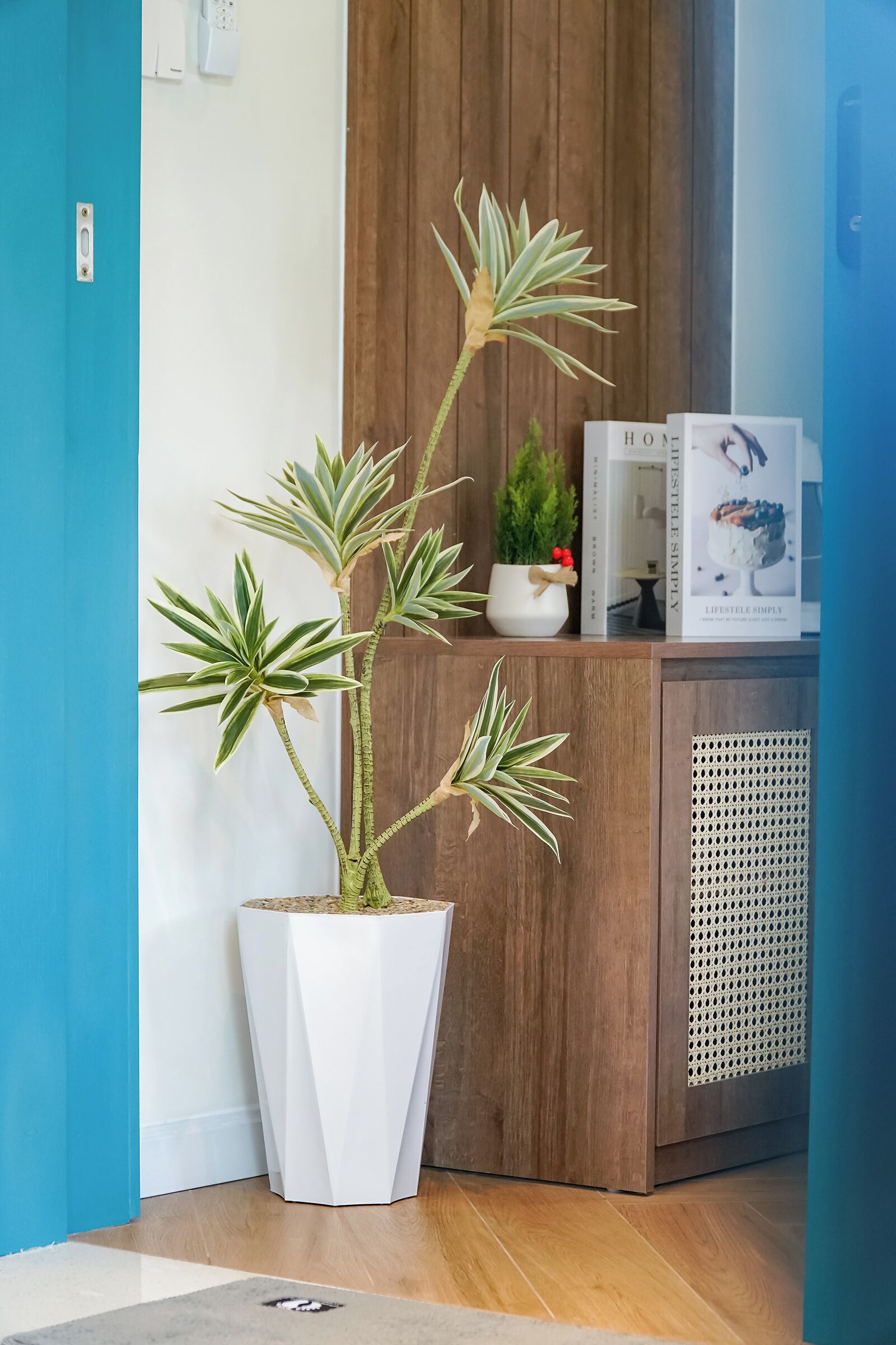 Et receptionområde med en potteplante, et lille bord med en plante og en bog med titlen "LIFESTYLE SIMPLY" på et træskab.