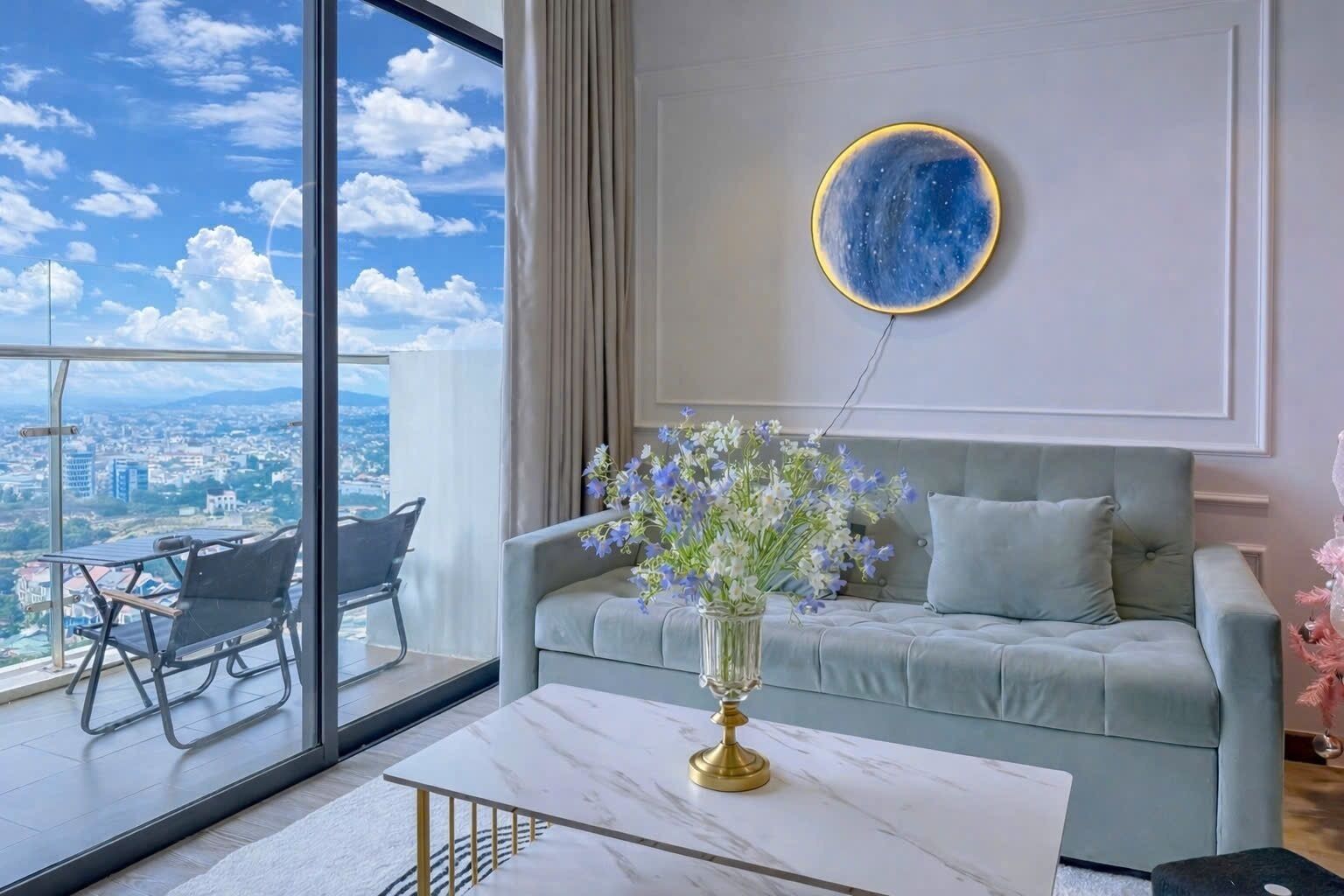 Deluxe Apartment, City View | Living area | 55-inch Smart TV with cable channels