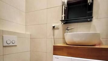 Hair dryer, towels, soap, toilet paper