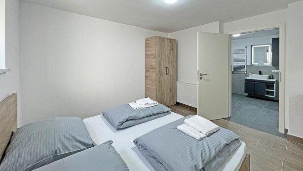 Un dormitorio con dos camas, un armario, un baño con espejo y una puerta que da a otra habitación.