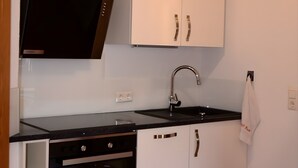 A compact kitchen with a built-in oven, a sink, and white cabinets. - Dauth Apartment in the Heart of the Village (Kressbronn)