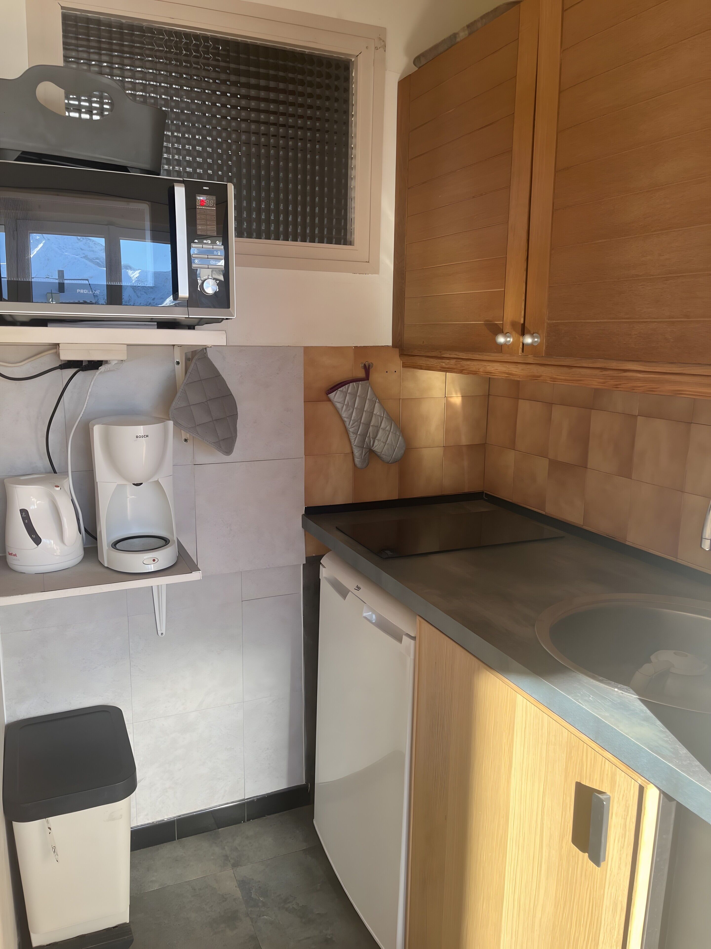 Kühlschrank, Mikrowelle, Herdplatte, Wasserkocher mit Kaffee-/Teezubehör